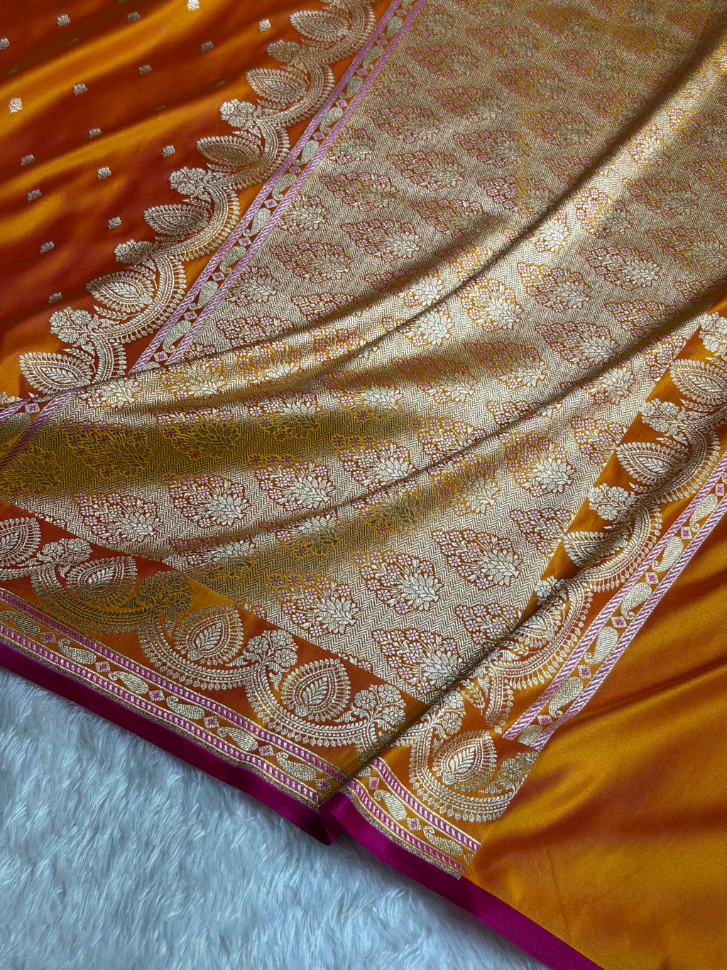 Banarasi Mashru Satin Silk Saree Booti Pattern Fire Gold Shades MSK30