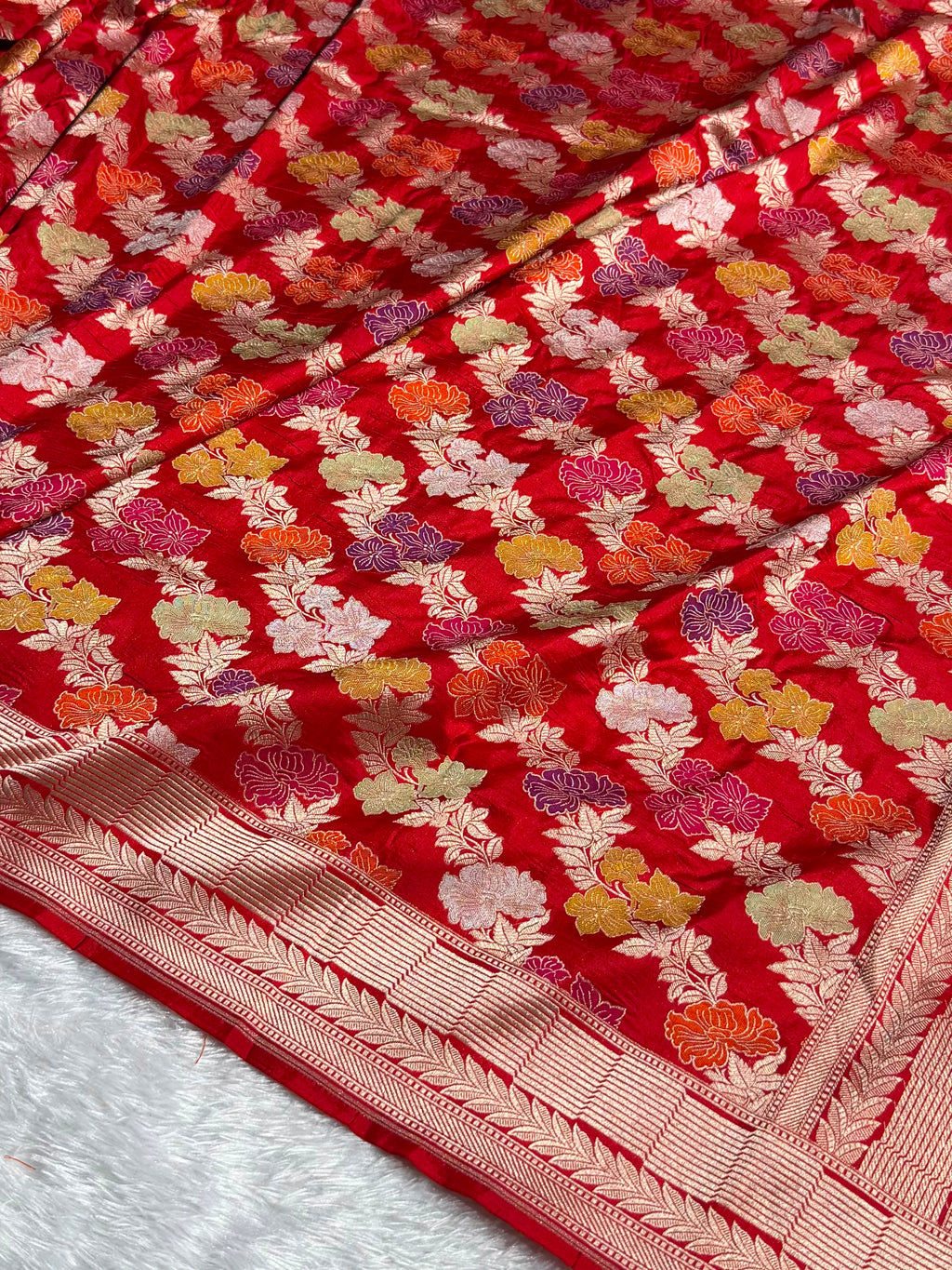Banarasi Pure Katan Silk Saree with Minakari Cross Pattern in Red Shades Shades PKM02