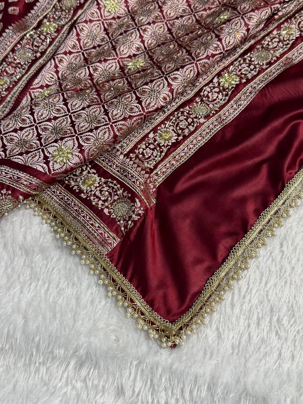 Bridal Banarasi Mashru Satin Silk Saree with Ari Pearl Work & Gotta Patti Work Booti Pattern in Chocolate Shades BMSKGP09