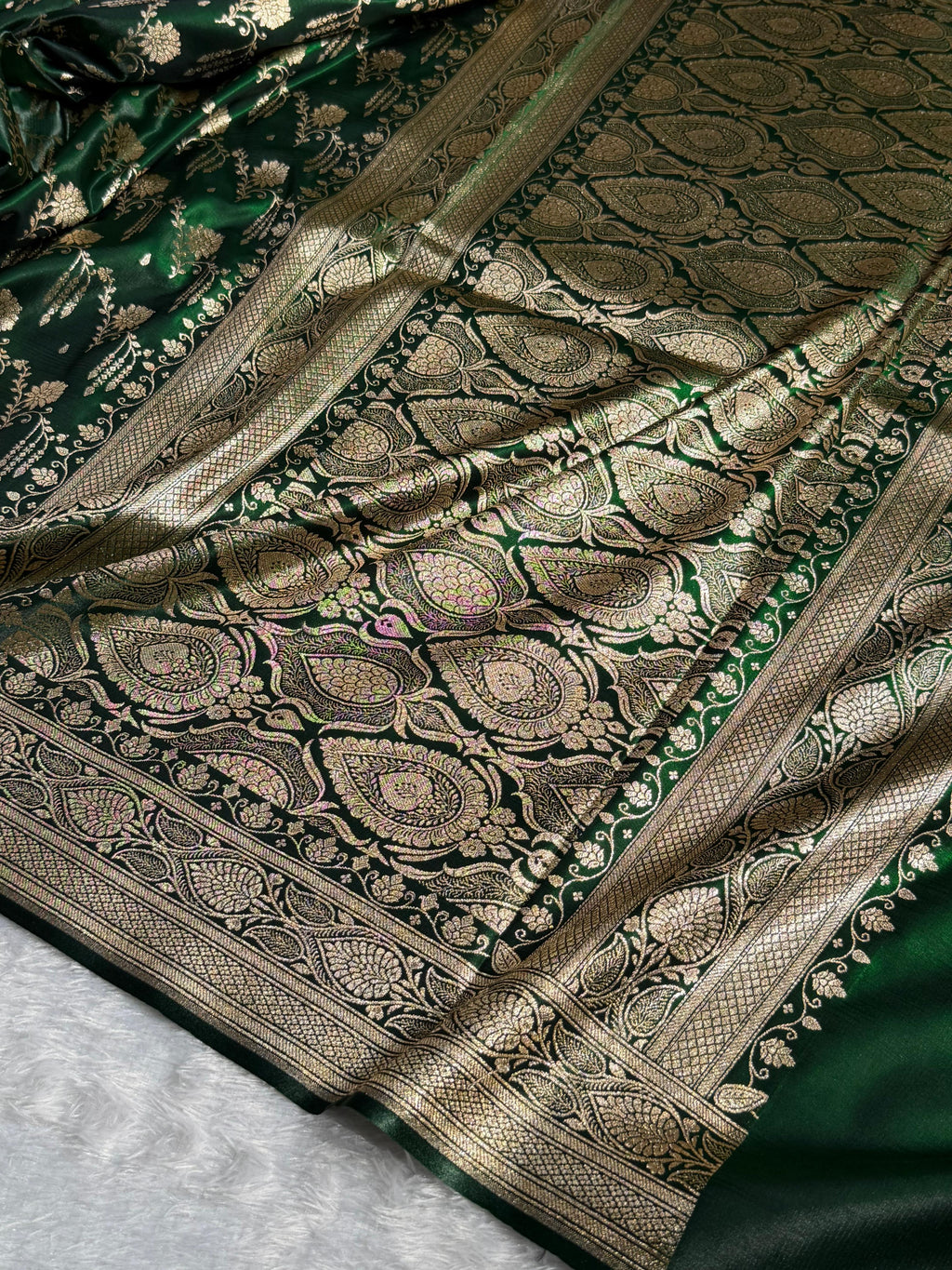 Banarasi Satin Silk Saree Cross Pattern in Bottle Green Shades SS08