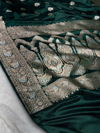 Banarasi Satin Katan Silk Saree Minakari Boota Pattern in Bottle Green Shades SK07
