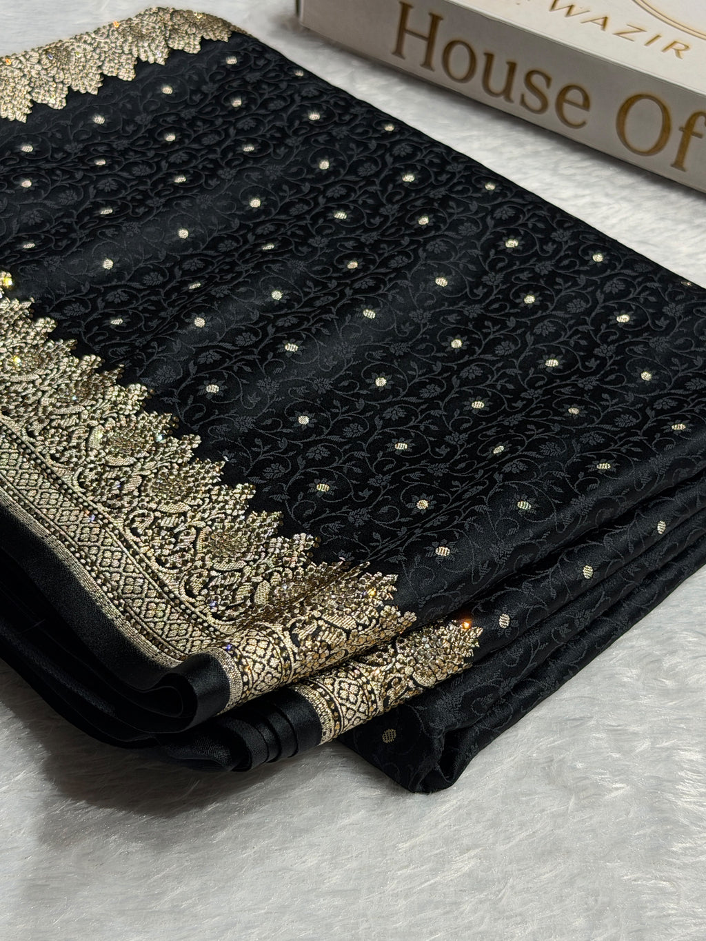 Bridal Banarasi Mashru Satin Silk Saree  Tanchoi Pattern with Swarovski Work In Black Shades BMSK07