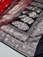 Banarasi Satin Katan Silk Saree Minakari Boota Pattern in Red with Black Shades SK09