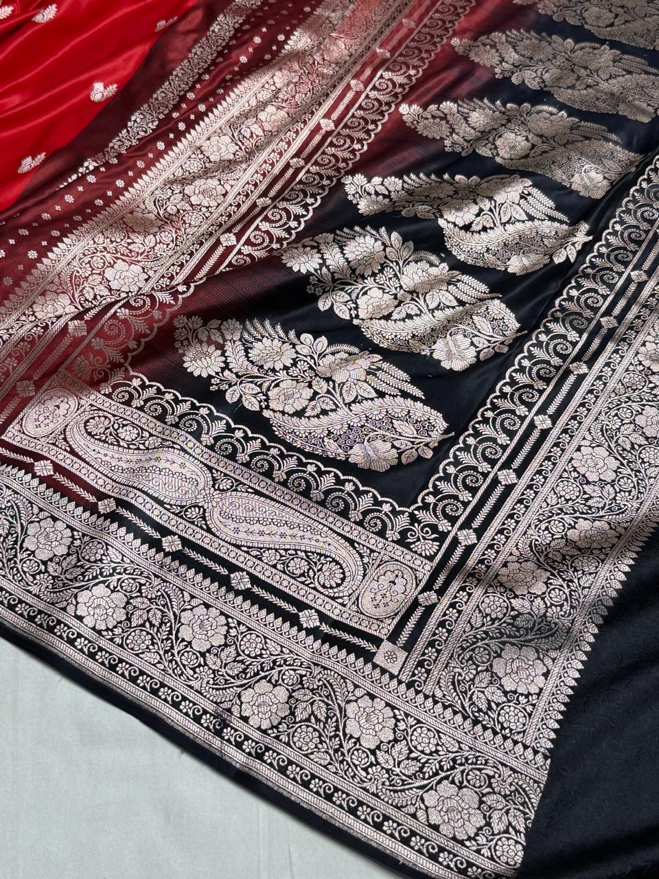 Banarasi Satin Katan Silk Saree Minakari Boota Pattern in Red with Black Shades SK09