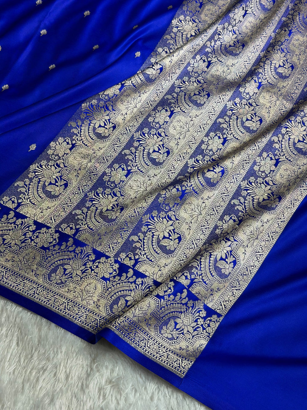 Banarasi Mashru Satin Silk Saree Booti Pattern Royal Blue Shades MSK32