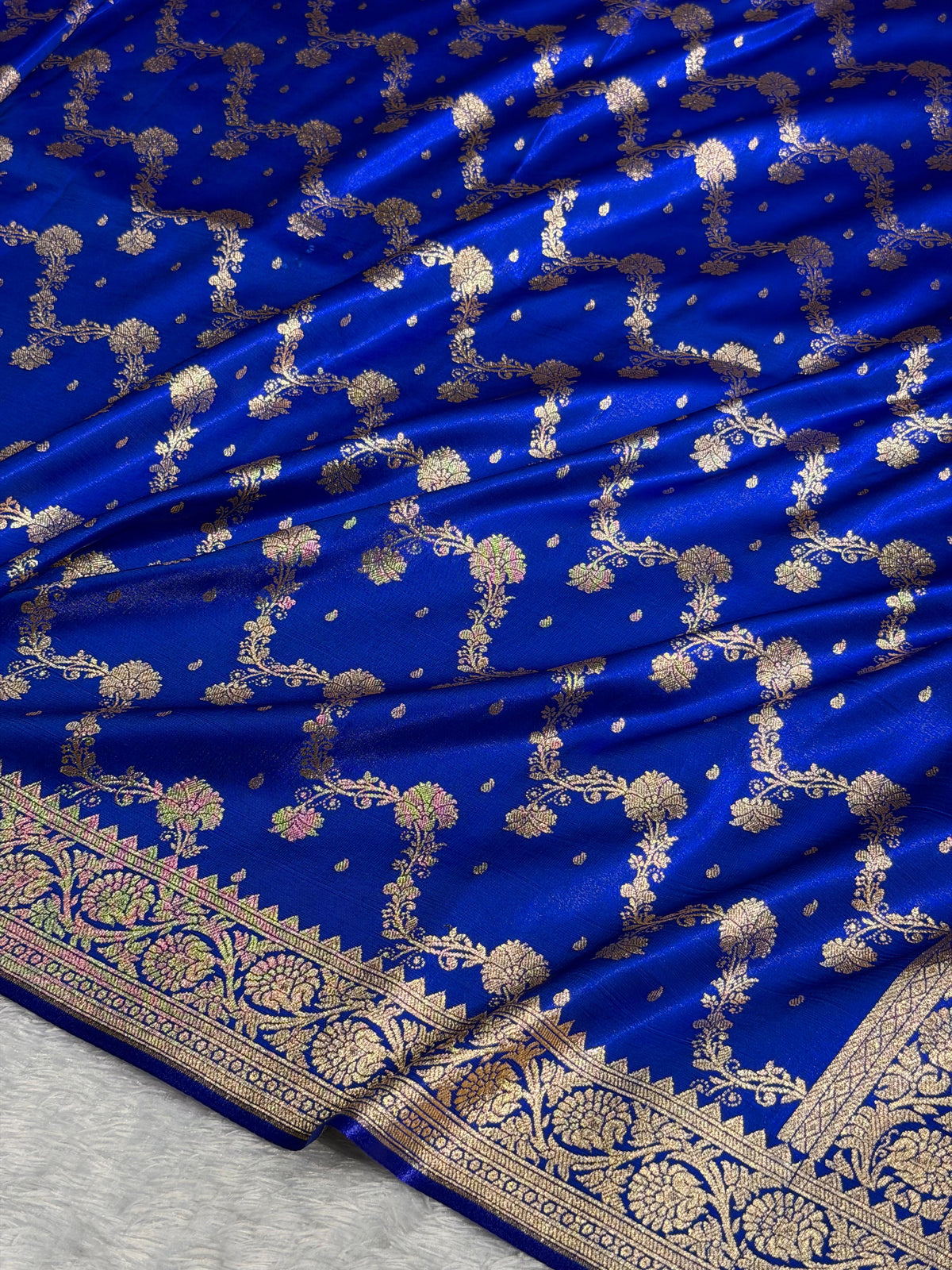 Banarasi Satin Silk Saree Cross Pattern in Royal Blue Shades SS07