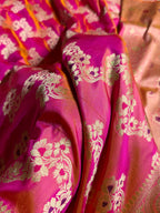 Banarasi Pure Katan Silk Saree with Minakari Cross Pattern in Goldish Pink Shades PKM12