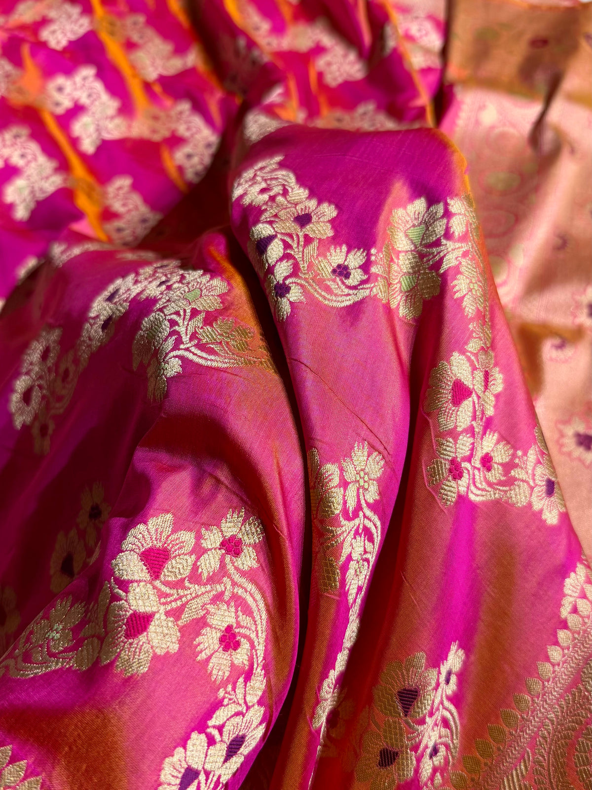 Banarasi Pure Katan Silk Saree with Minakari Cross Pattern in Goldish Pink Shades PKM12