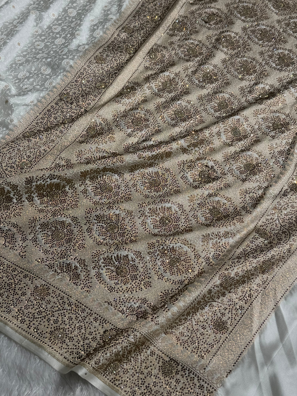 Banarasi Mashru Satin Silk Saree Tanchoi Pattern in Swarovski Work in Pearl White Shades BMSC04