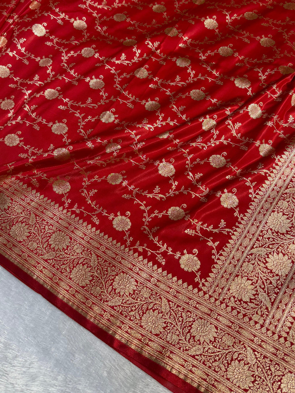 Banarasi Satin Silk Saree Jaal Pattern in Red Shades SS06