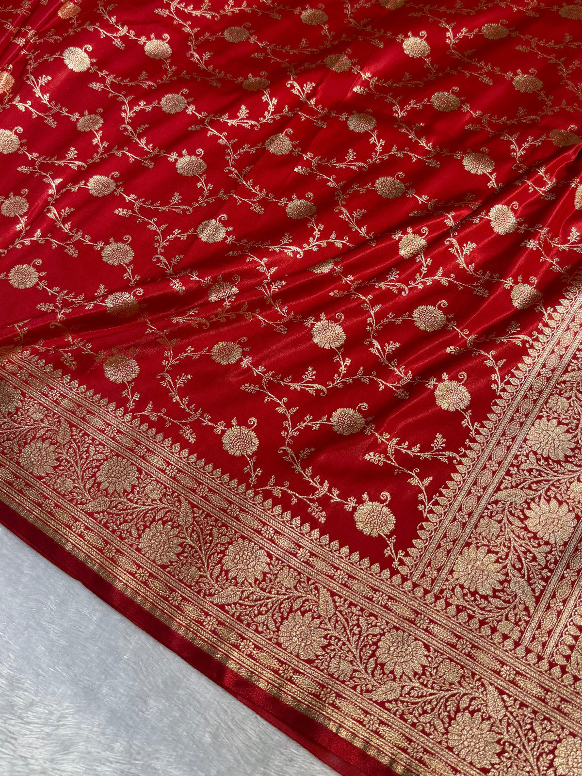 Banarasi Satin Silk Saree Jaal Pattern in Red Shades SS06