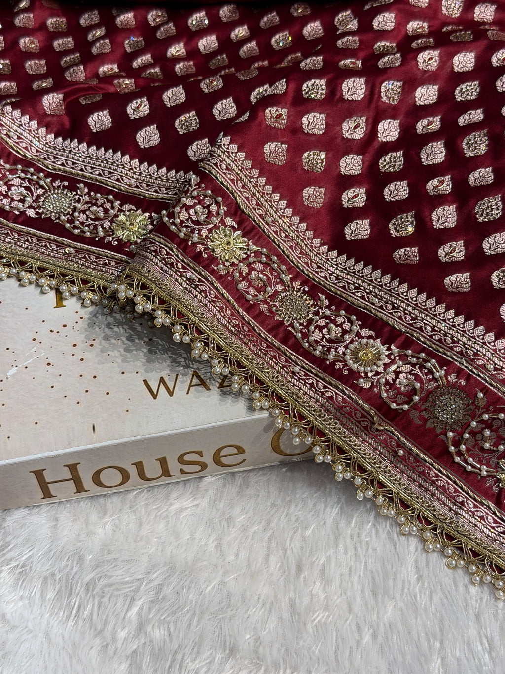 Bridal Banarasi Mashru Satin Silk Saree with Ari Pearl Work & Gotta Patti Work Booti Pattern in Chocolate Shades BMSKGP09