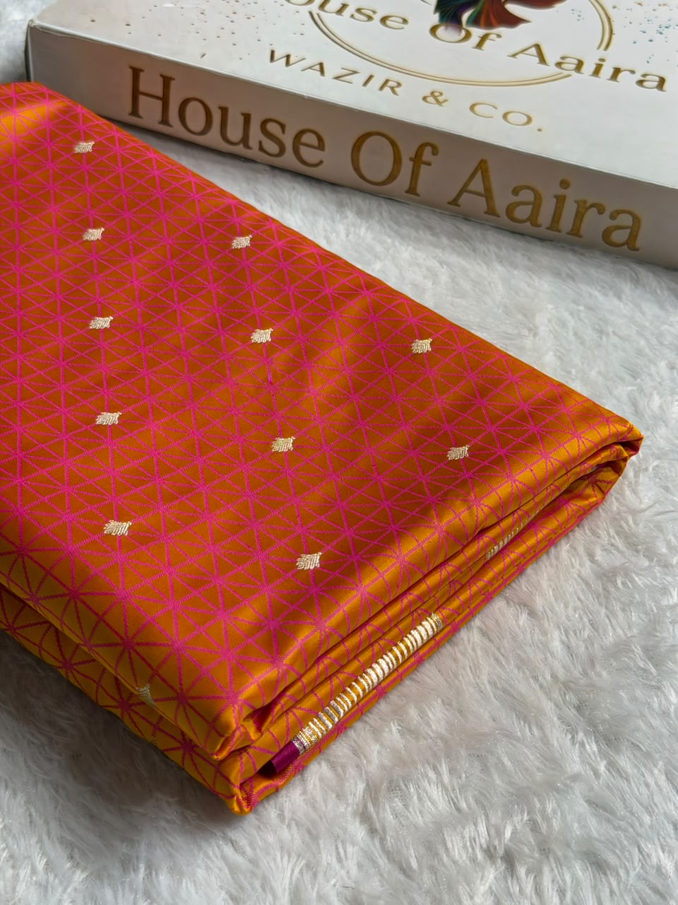Banarasi Mashru Satin Silk Saree Tanchoi Pattern Pinkish Orange Shades MSK33