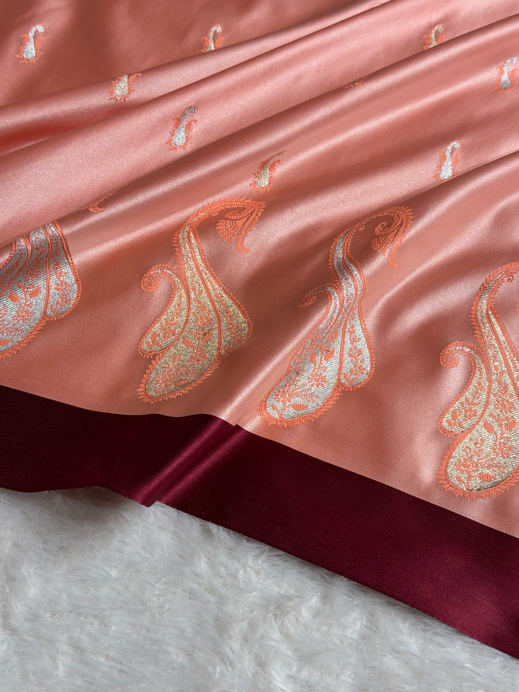 Banarasi Mashru Satin Silk Saree Booti Pattern In Peach Shades MSK42