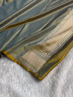 Banarasi Mashru Satin Silk Saree Tanchoi Pattern Contrast Nile Blue with Mustard Shades MSK34