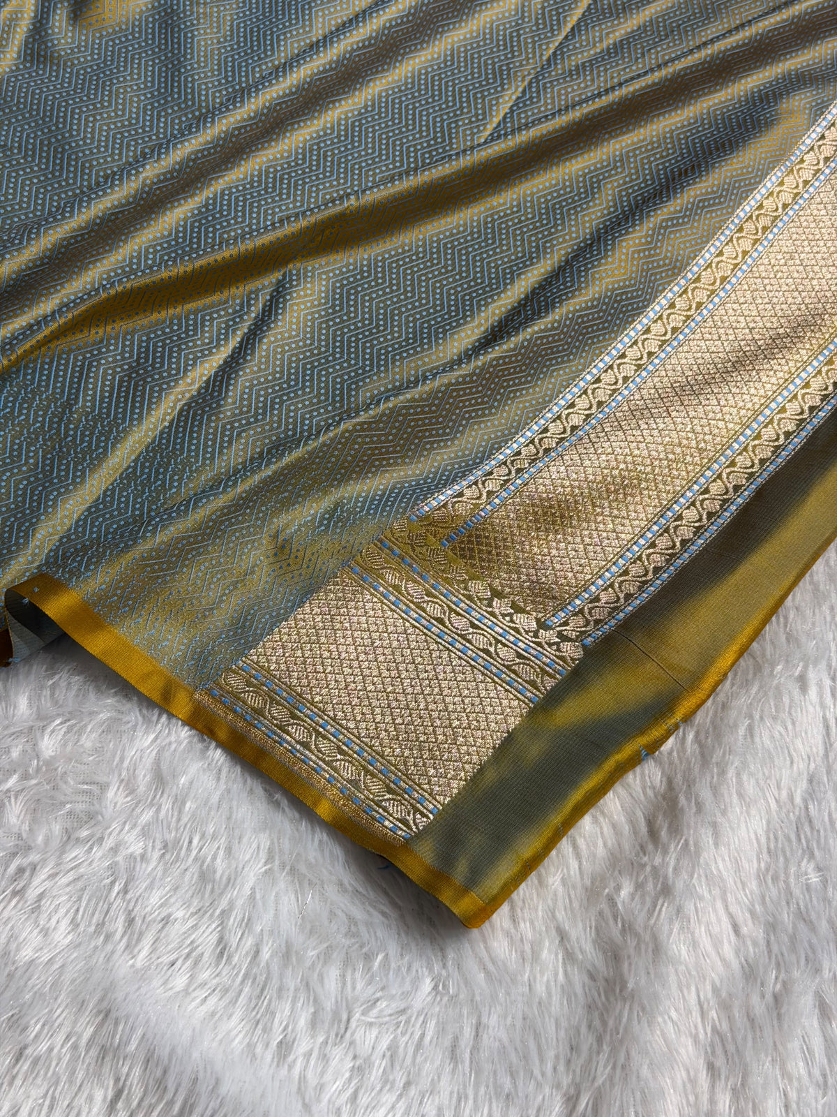 Banarasi Mashru Satin Silk Saree Tanchoi Pattern Contrast Nile Blue with Mustard Shades MSK34