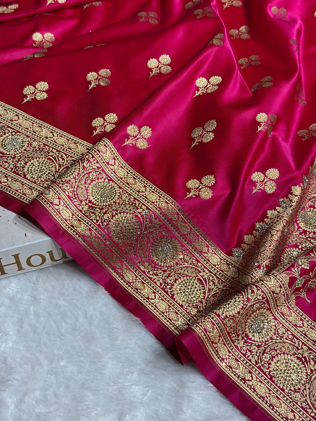 Bridal Banarasi Katan Satin Silk Saree Booti Pattern with Swarovski Work in Rani Pink Shades BSK02