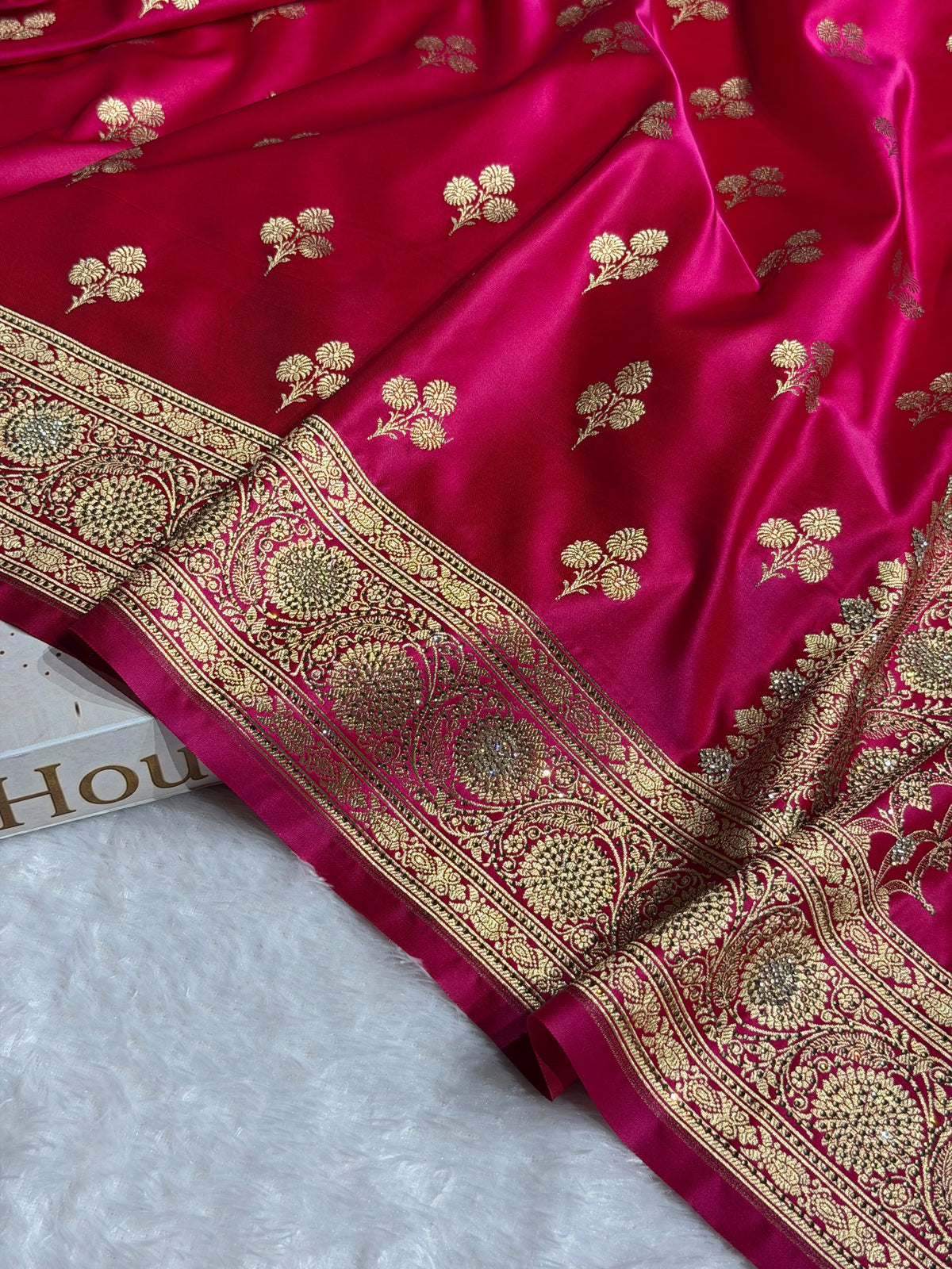 Bridal Banarasi Katan Satin Silk Saree Booti Pattern with Swarovski Work in Rani Pink Shades BSK02