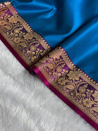 Banarasi Satin Katan Silk Saree Plain Body Pattern in Contrast Firozy with Rani Shades SK05
