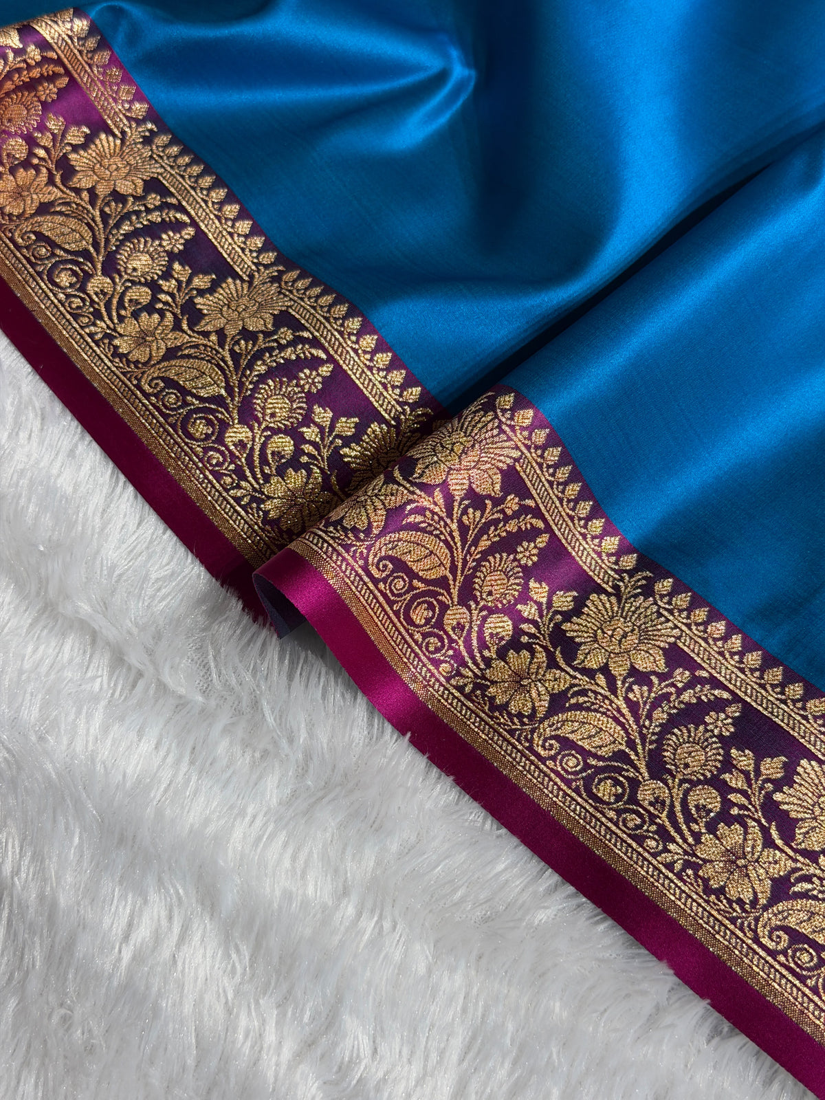 Banarasi Satin Katan Silk Saree Plain Body Pattern in Contrast Firozy with Rani Shades SK05