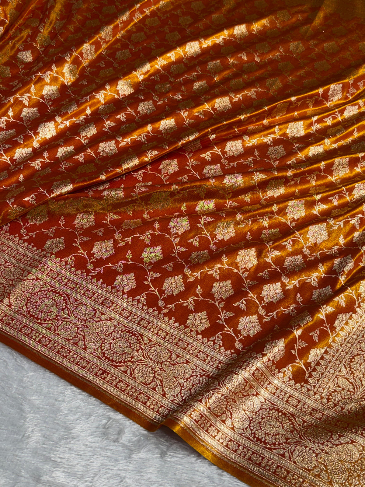 Banarasi Satin Silk Saree Jaal Pattern in Fire Gold Shades SS05