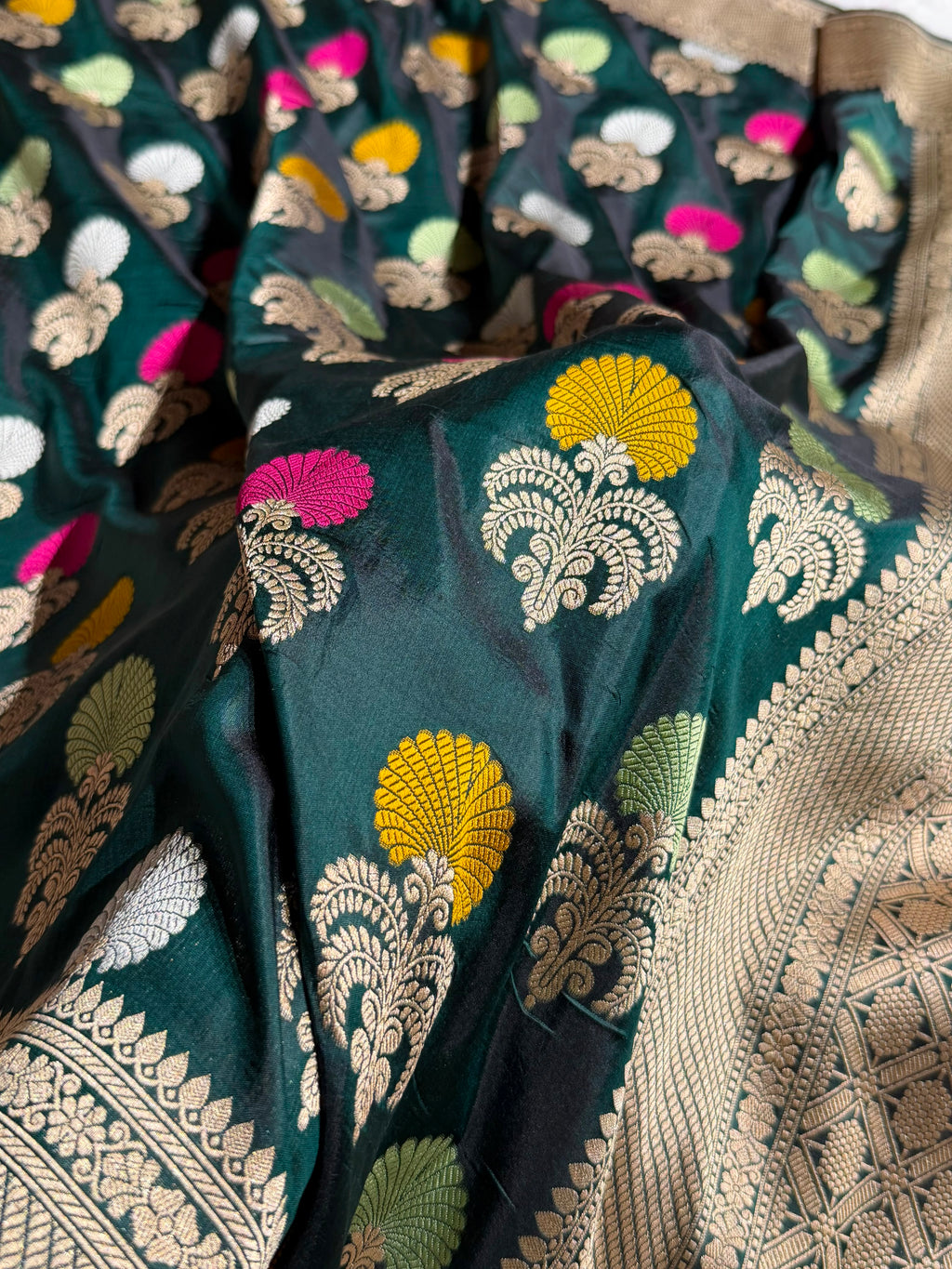 Banarasi Pure Katan Silk Saree with Minakari Boota Pattern in Dark Bottle Green Shades PKM09