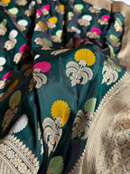 Banarasi Pure Katan Silk Saree with Minakari Boota Pattern in Dark Bottle Green Shades PKM09