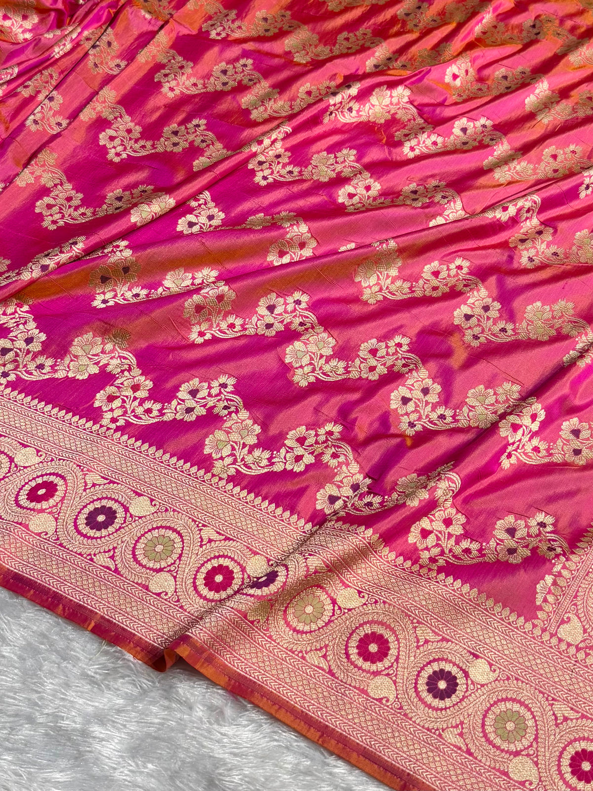 Banarasi Pure Katan Silk Saree with Minakari Cross Pattern in Goldish Pink Shades PKM12