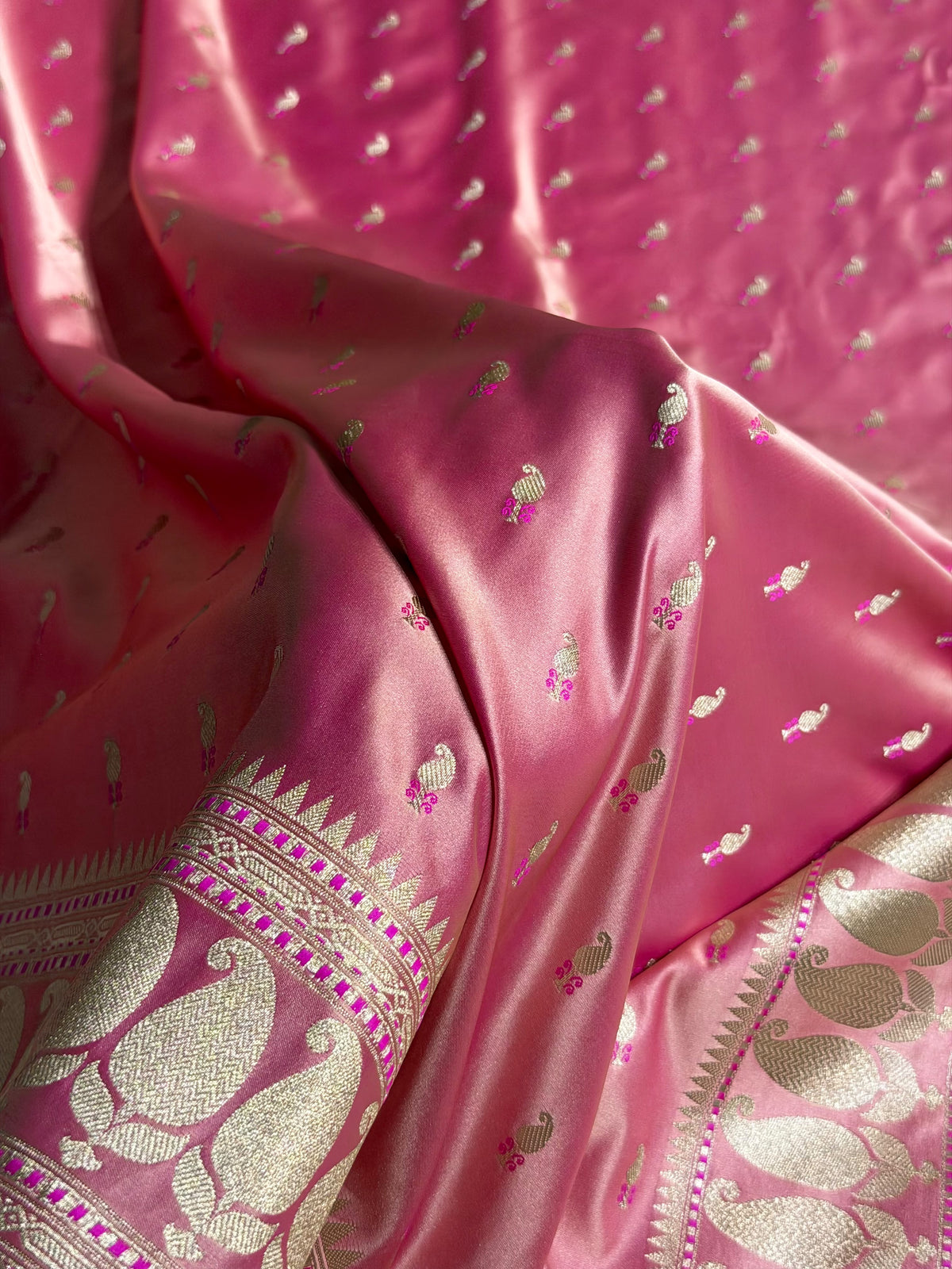 Banarasi Mashru Satin Silk Saree Minakari Booti Pattern Blush Peach Shades MSK29