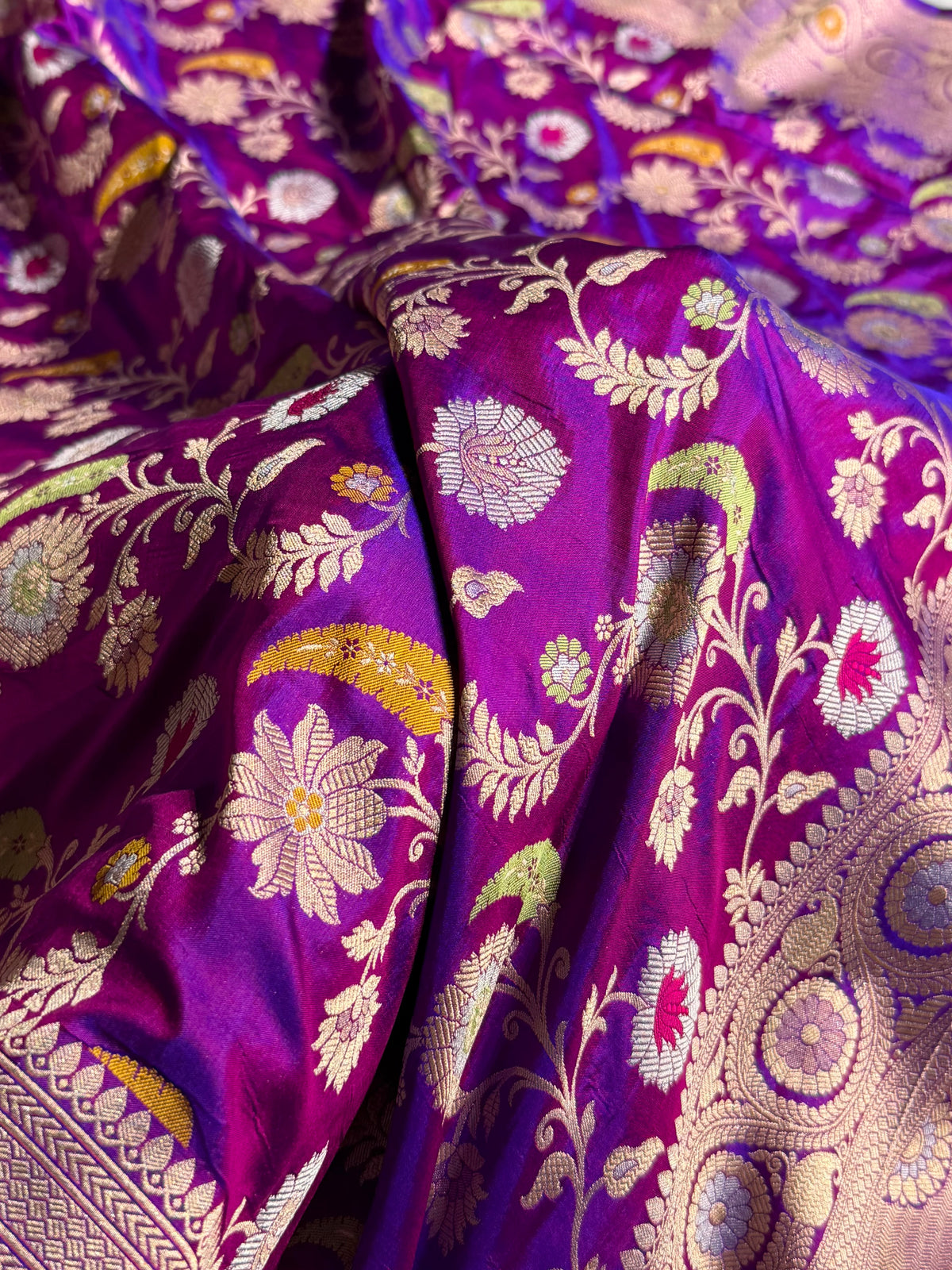 Banarasi Pure Katan Silk Saree with Minakari Jaal Pattern in Cross Purple Shades Shades PKM03