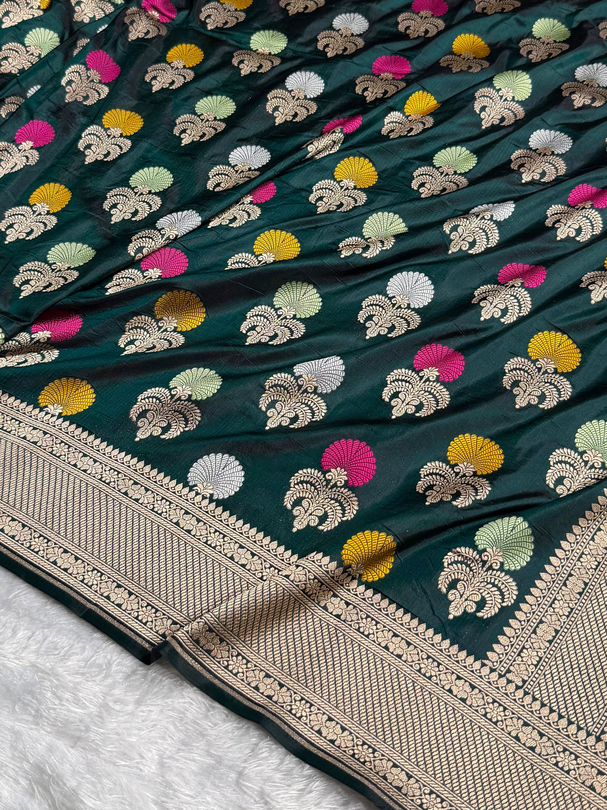 Banarasi Pure Katan Silk Saree with Minakari Boota Pattern in Dark Bottle Green Shades PKM09