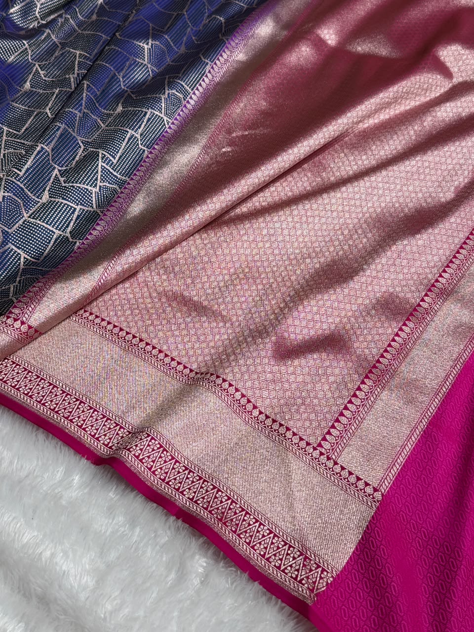 Banarasi Satin Katan Silk Saree Brocade Pattern in Contrast Navy Blue with Rani Shades SK12