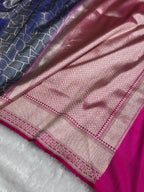 Banarasi Satin Katan Silk Saree Brocade Pattern in Contrast Navy Blue with Rani Shades SK12