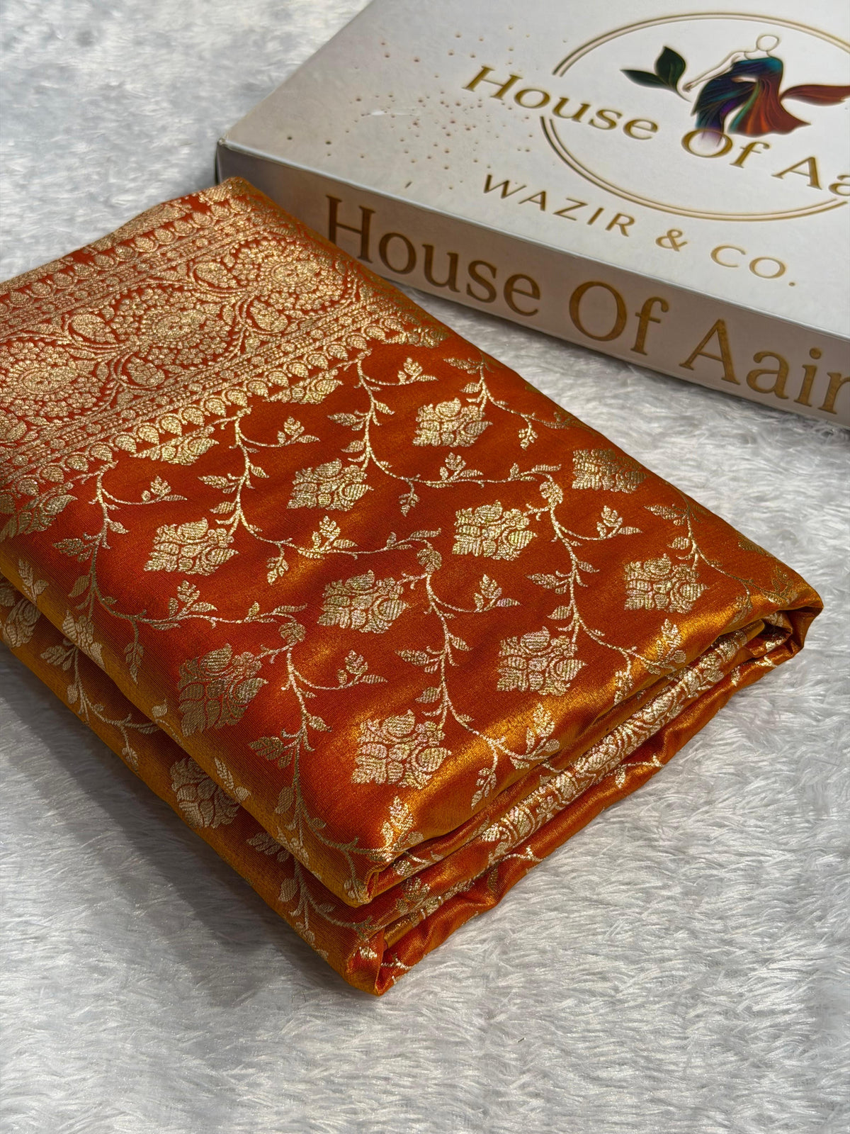Banarasi Satin Silk Saree Jaal Pattern in Fire Gold Shades SS05