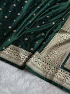 Banarasi Mashru Satin Silk Saree Tanchoi Pattern In Bottle Green Shades MSK36