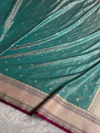 Banarasi Mashru Satin Silk Saree Tanchoi Pattern Contrast Sea Green with Rani Shades MSK34