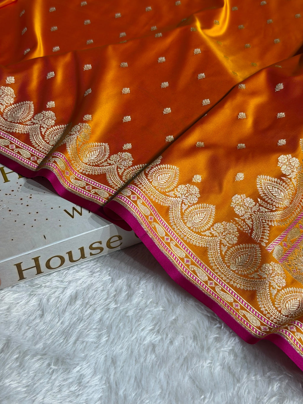 Banarasi Mashru Satin Silk Saree Booti Pattern Fire Gold Shades MSK30