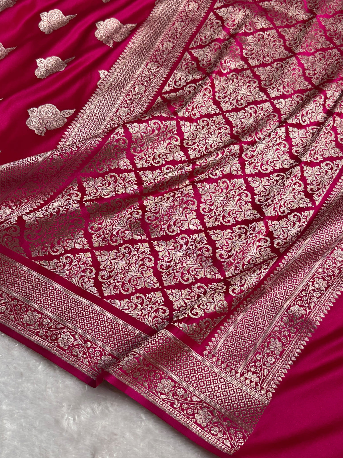 Banarasi Mashru Satin Silk Saree Boota Pattern Rani Shades MSK15
