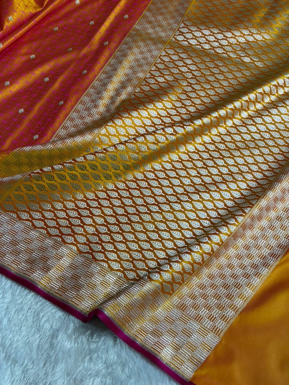Banarasi Mashru Satin Silk Saree Tanchoi Pattern Pinkish Orange Shades MSK33