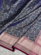 Banarasi Satin Katan Silk Saree Brocade Pattern in Contrast Navy Blue with Rani Shades SK12