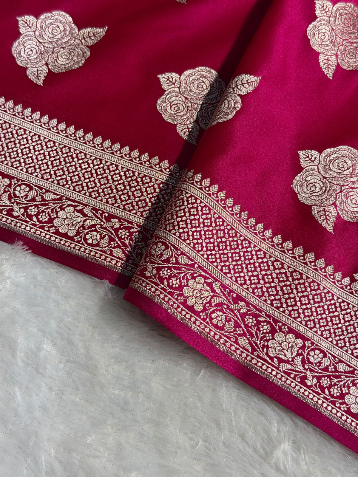 Banarasi Mashru Satin Silk Saree Boota Pattern Rani Shades MSK15