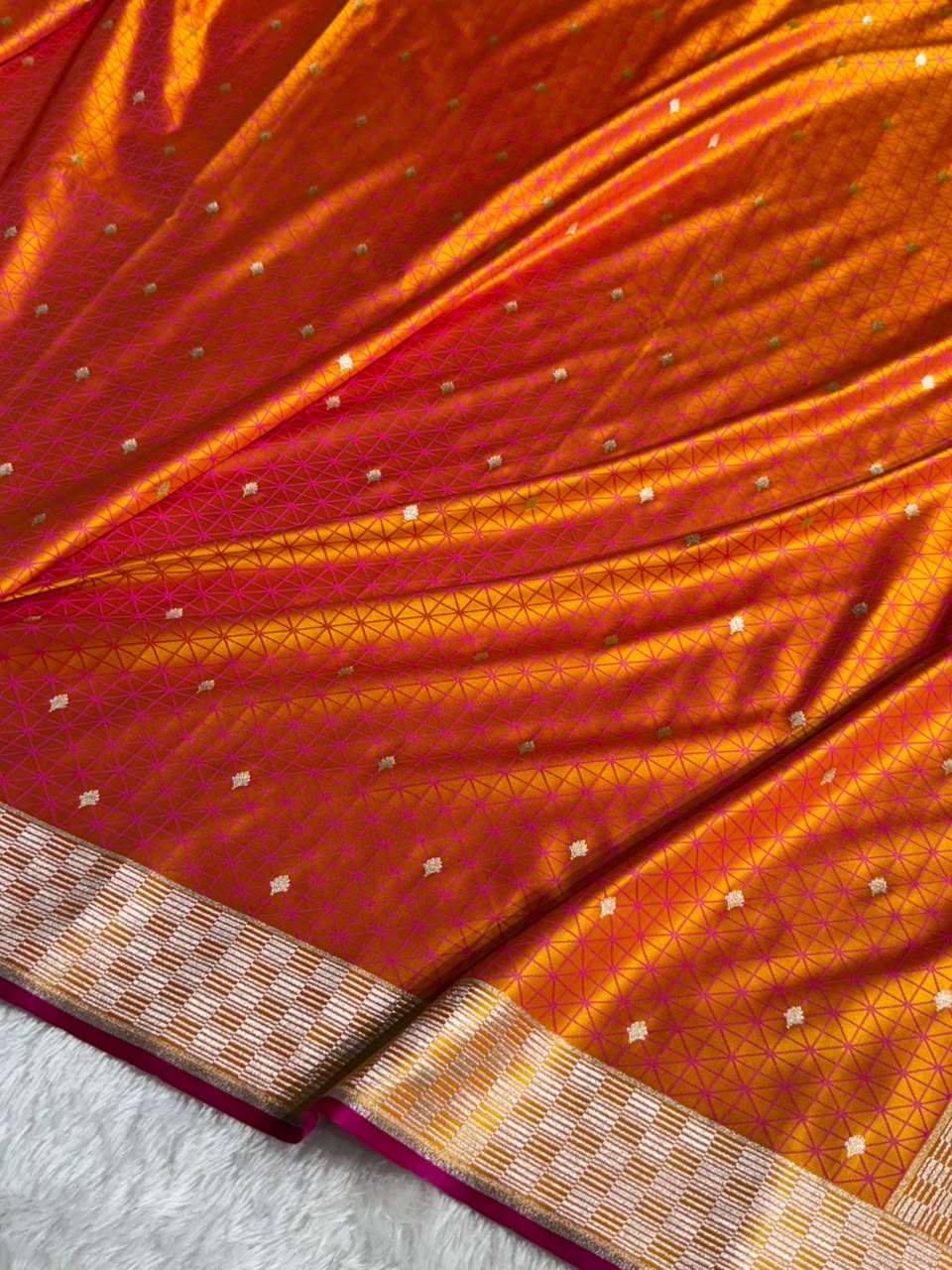 Banarasi Mashru Satin Silk Saree Tanchoi Pattern Pinkish Orange Shades MSK33