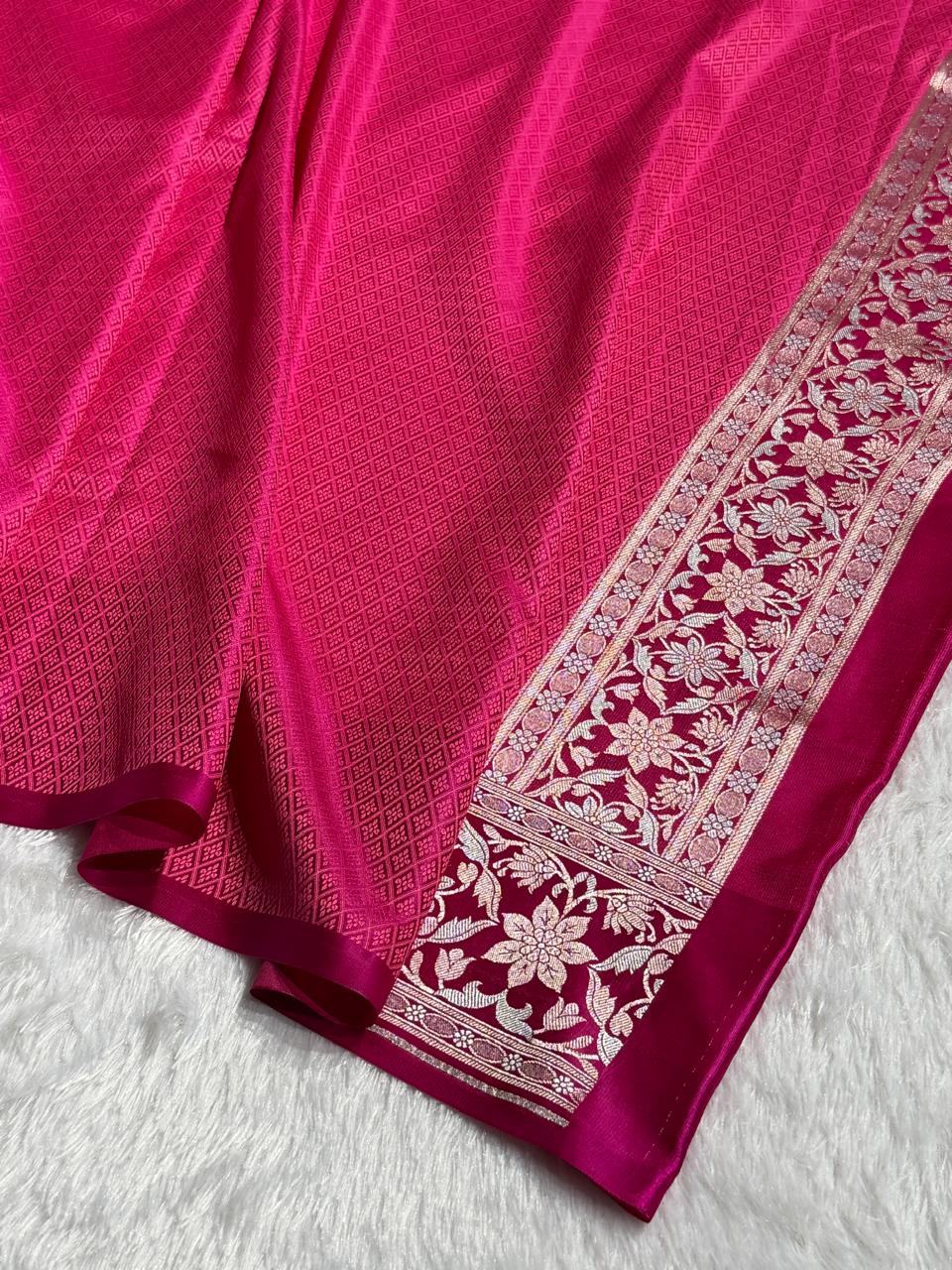 Banarasi Satin Katan Silk Saree Minakari Boota Pattern in Orange with Rani Shades SK08