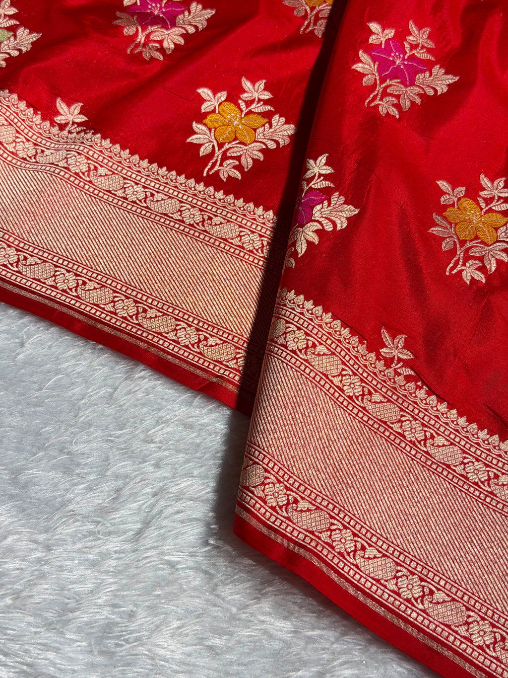Banarasi Pure Katan Silk Saree with Minakari Boota Pattern in Red Shades PKM10