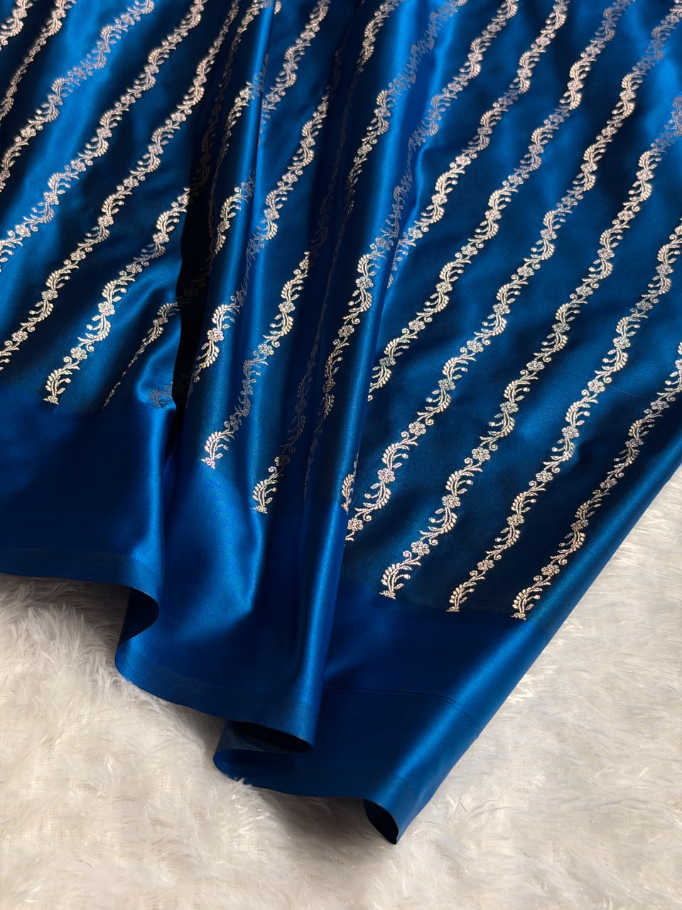 Banarasi Satin Katan Silk Saree Booti Pattern in German Blue Shades SK13