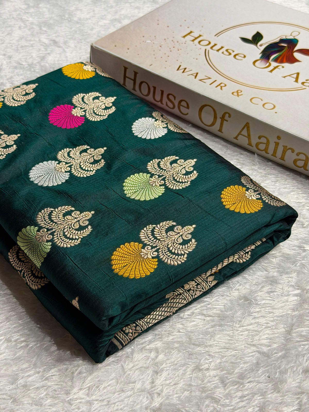 Banarasi Pure Katan Silk Saree with Minakari Boota Pattern in Dark Bottle Green Shades PKM09