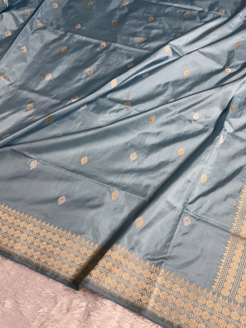 Banarasi Pure Katan Silk Saree Handwoven Kaduwa Boota Pattern with Minakari work in Steel Blue Shades PKH12