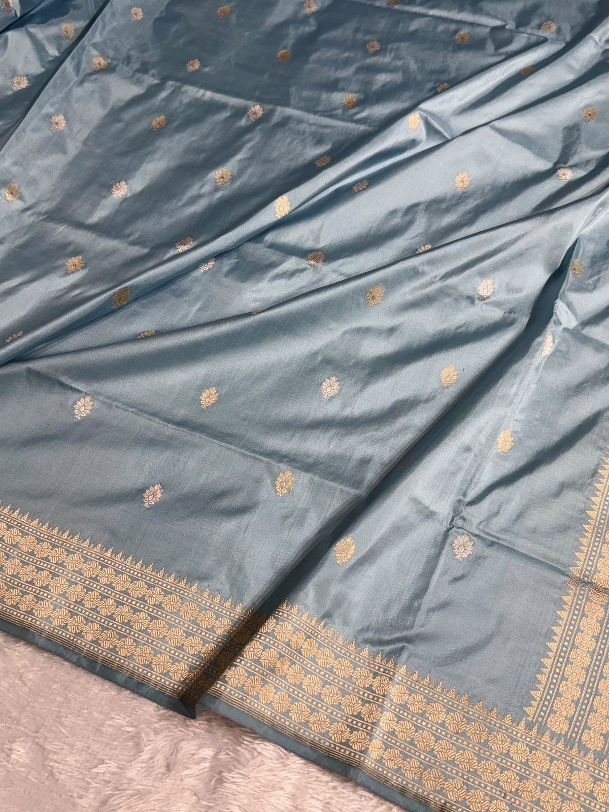 Banarasi Pure Katan Silk Saree Handwoven Kaduwa Boota Pattern with Minakari work in Steel Blue Shades PKH12