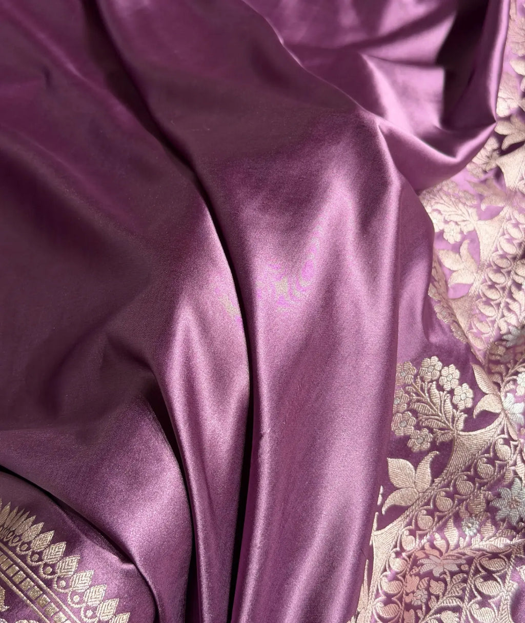 Banarasi Mashru Satin Silk Saree Floral Plain Body Mina Pattern In Royal Purple Shades MSC06