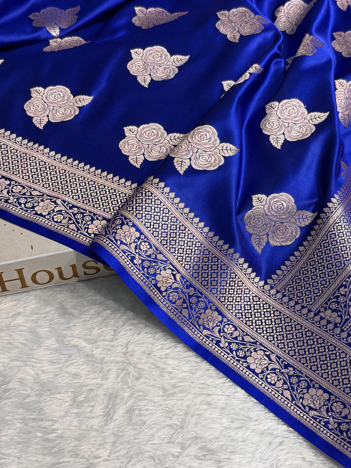 Banarasi Mashru Satin Silk Saree Boota Pattern Royal Blue Shades MSK15